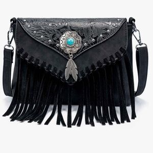 Lavawa 10” x 3” x 7” Shoulder or Crossbody Black Fringe with Faux Turquoise Bag